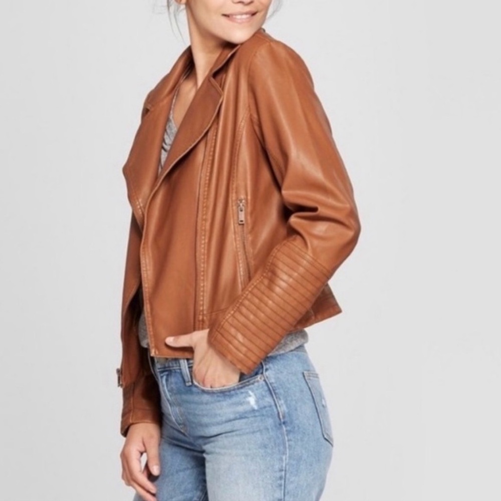 Universal Thread Cognac Faux Leather Moto Jacket NEW WITH FLAWS